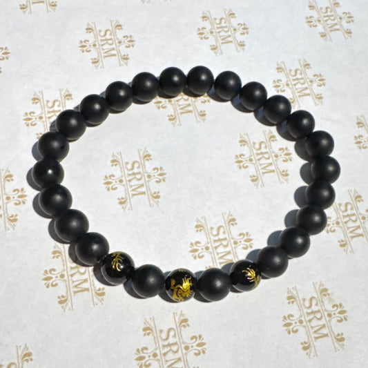 Bracelet : 8mm Matte Black Tourmaline and Black Onyx/Gold Dragon, 6¾", 7”