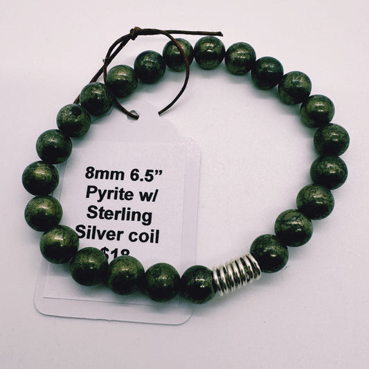 8mm Pyrite beads with Sterling Silver coil bracelet