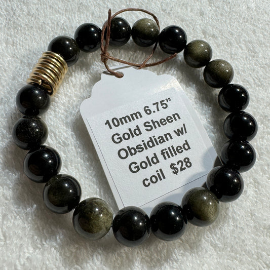 10mm Gold Sheen Obsidian beads with Gold filled coil bracelet