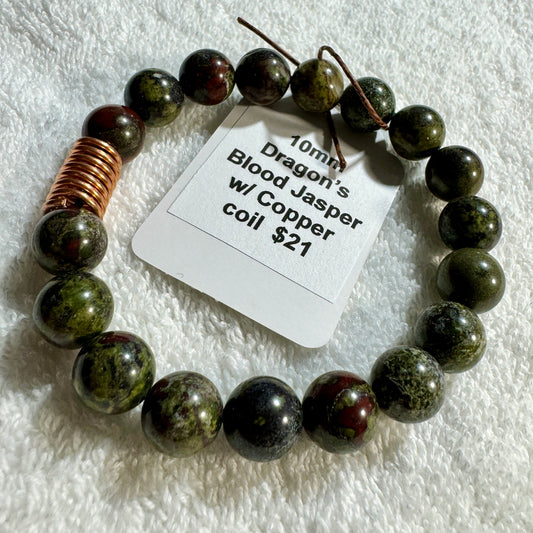 10mm DragonSRMs Blood Jasper beads with Copper coil bracelet