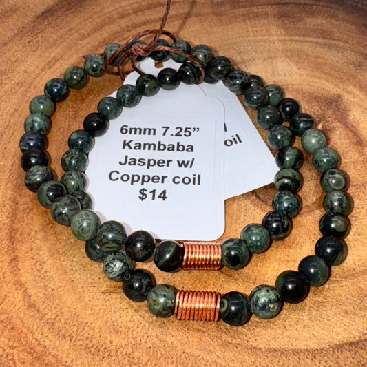 6mm Kambaba Jasper beads with Copper coil bracelet