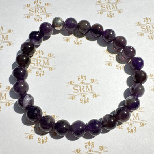 Bracelet : 8mm Amethyst with Silver Plated Bead, 7"