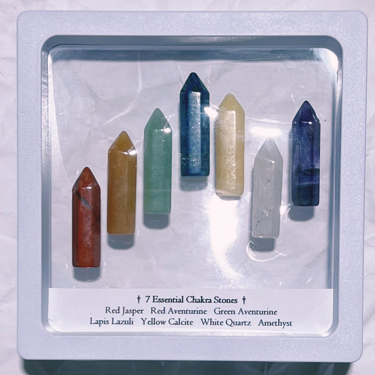 Framed : Point : 7 Essential Chakra Stones (points) in see-through frame, 3½"