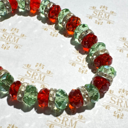 Bracelet : Faceted Red Glass and Faceted Green Glass with Rhinestone Rondelles, 7"