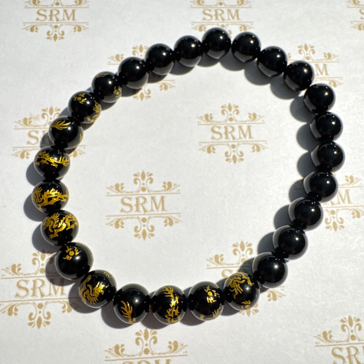 Bracelet : 8mm Tourmaline and Black Onyx/Gold Dragon, 6¾", 7”