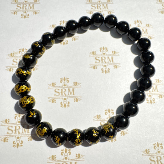 Bracelet : 8mm Tourmaline and Black Onyx/Gold Dragon, 6¾", 7”