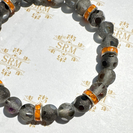 Bracelet : 8mm Frosted Glass Beads Blue-Grey and Orange Rhinestones, 7"