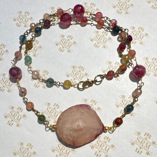 Necklace : Faceted Beads and Agate Slice, 22"