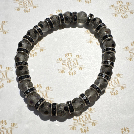 Bracelet : 8mm Frosted Glass Beads Blue-Grey and Black Rhinestones, 6¾"