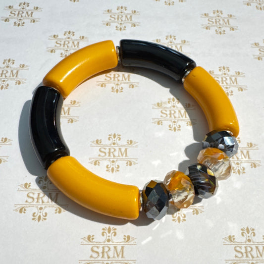 Bracelet : Orange and Black Faceted Acrylic Beads, Orange and Black Acrylic Tubes, 6¾"