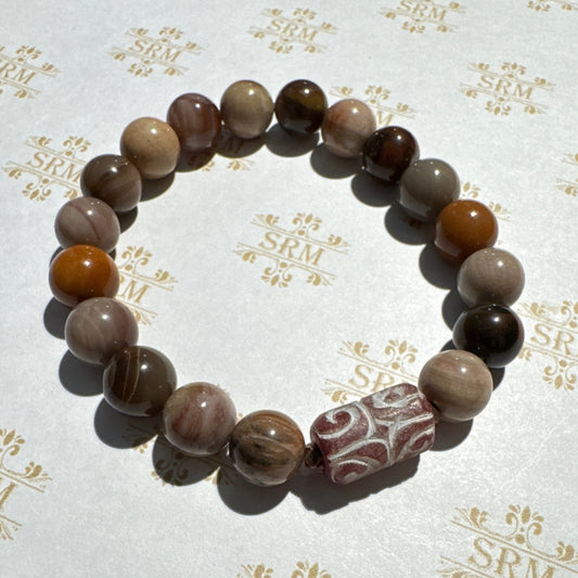 Bracelet : 10mm Red Petrified Wood with Jade Column, 6¾"