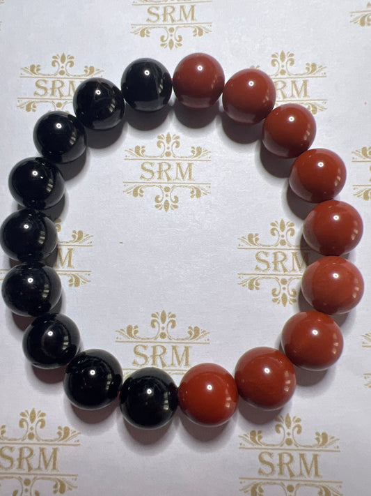 Bracelet : 10mm Black Obsidian + Red Jasper Mix, 6¼"