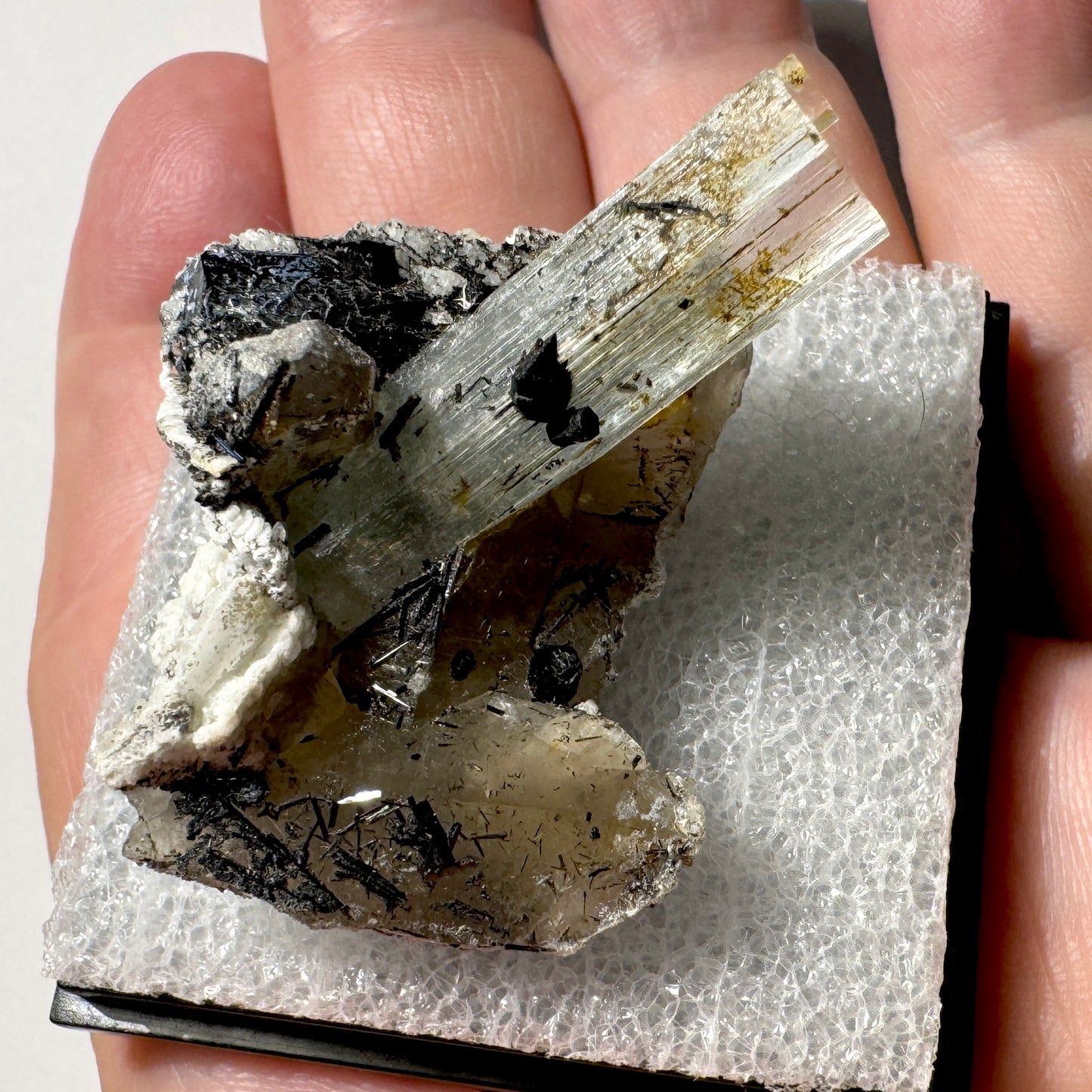 Crystal : Mounted : Natural Aquamarine on Smoky Quartz, Tourmaline and Feldspar, Namibia, 22g