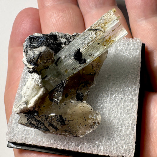 Crystal : Mounted : Natural Aquamarine on Smoky Quartz, Tourmaline and Feldspar, Namibia, 22g