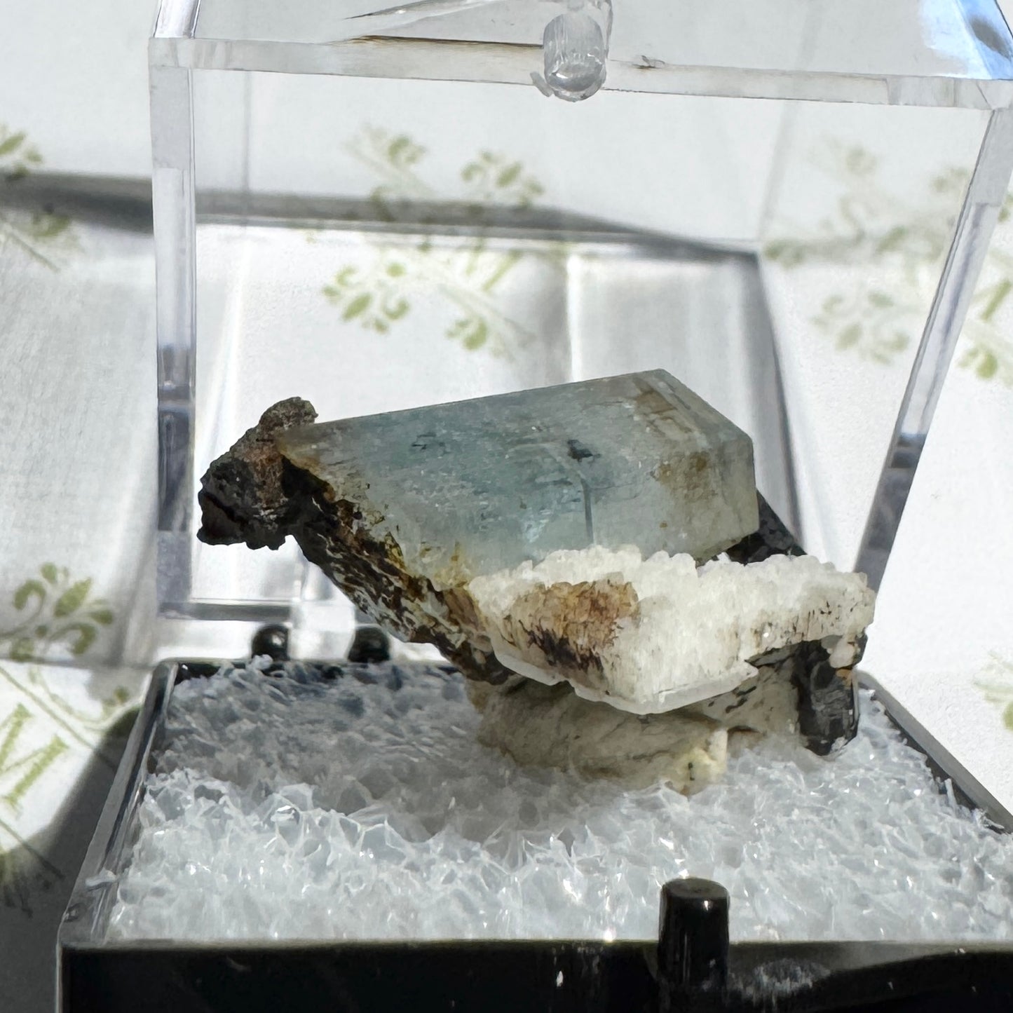 Crystal : Mounted : Natural Aquamarine with Tourmaline inclusions and Feldspar, 5¾g, Namibia