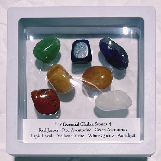 Framed : Tumble : 7 Essential Chakra Stones (tumbled) in see-through frame, 3½"
