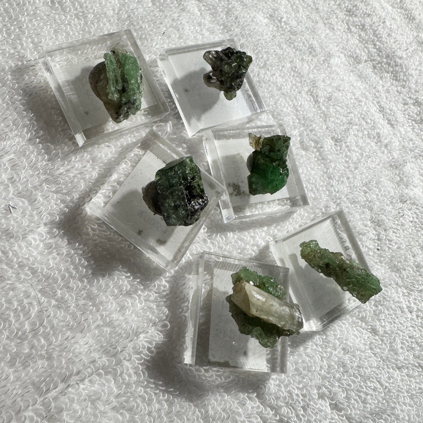 Crystal : Mounted : Tsavorite / Green Garnet Crystals on acrylic base