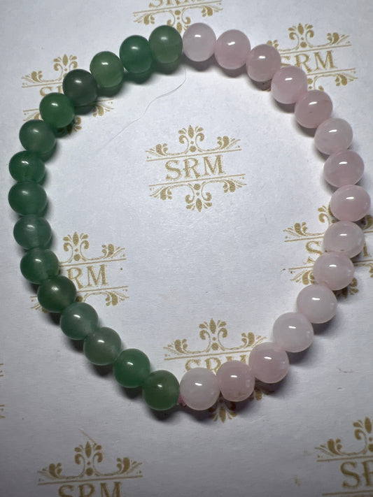 Bracelet : 6mm half Rose Quartz + half Green Aventurine : 6½”