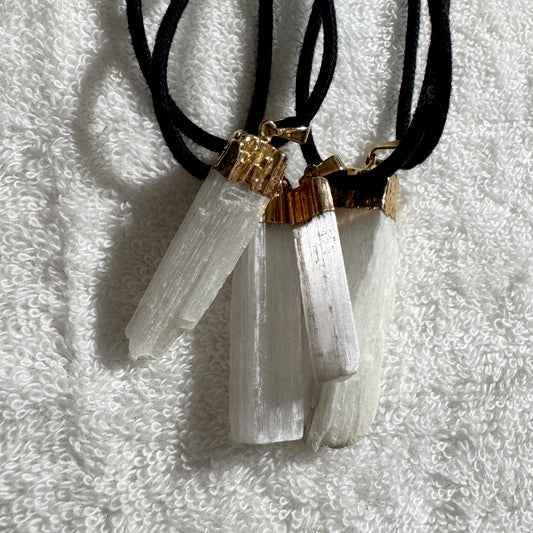 Necklace : Selenite Pendant and Fabric Cord, Gold-tone or Silver-tone fittings
