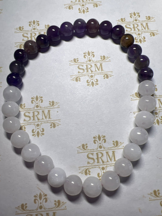 Bracelet : 6mm half Amethyst + half White Quartz : 6½”