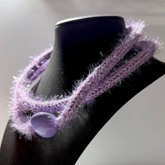 Necklace : 36” Feathery Lei, Lilac and Iridescent Strands with a Lilac Kukui Nut