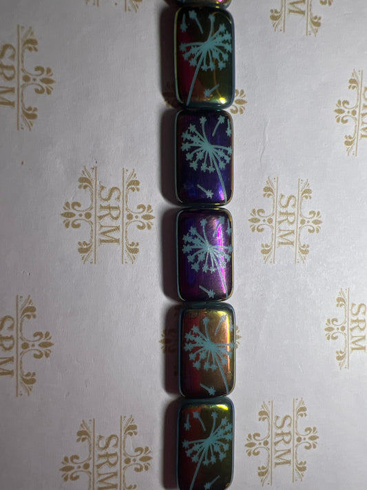 Beads : Czech Glass : Laser Tattoo Dandelion : Iridescent Blue Rectangle