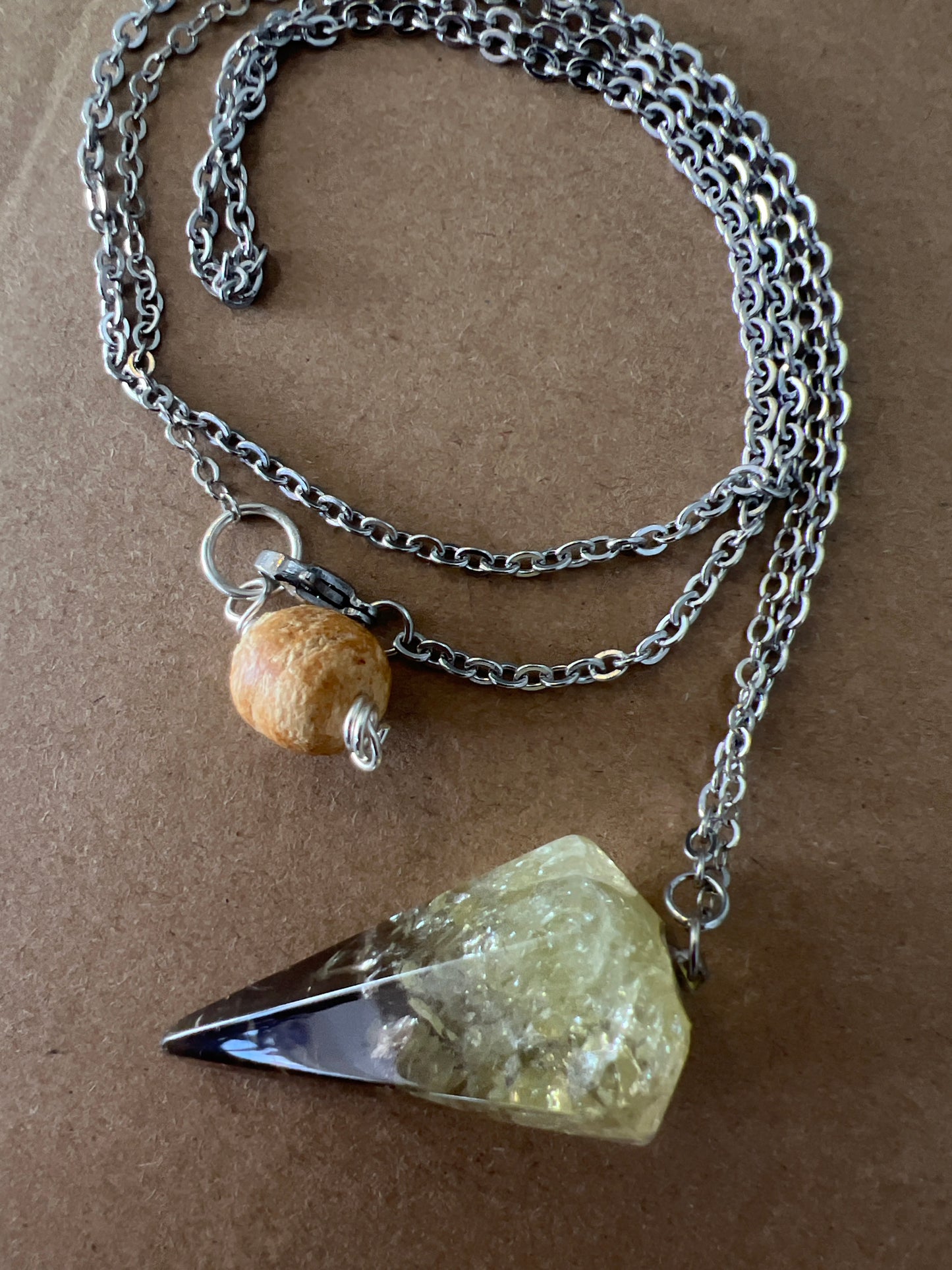 Necklace : Citrine Pendulum Pendant with Palo Santo Bead : Mixed Metal