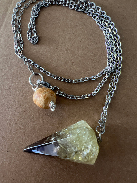 Necklace : Citrine Pendulum Pendant with Palo Santo Bead : Mixed Metal