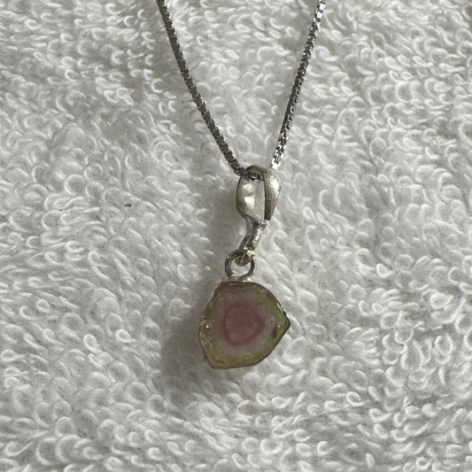 Necklace : 7mm/8mm Watermelon Tourmaline Pendant and 15" Sterling Chain
