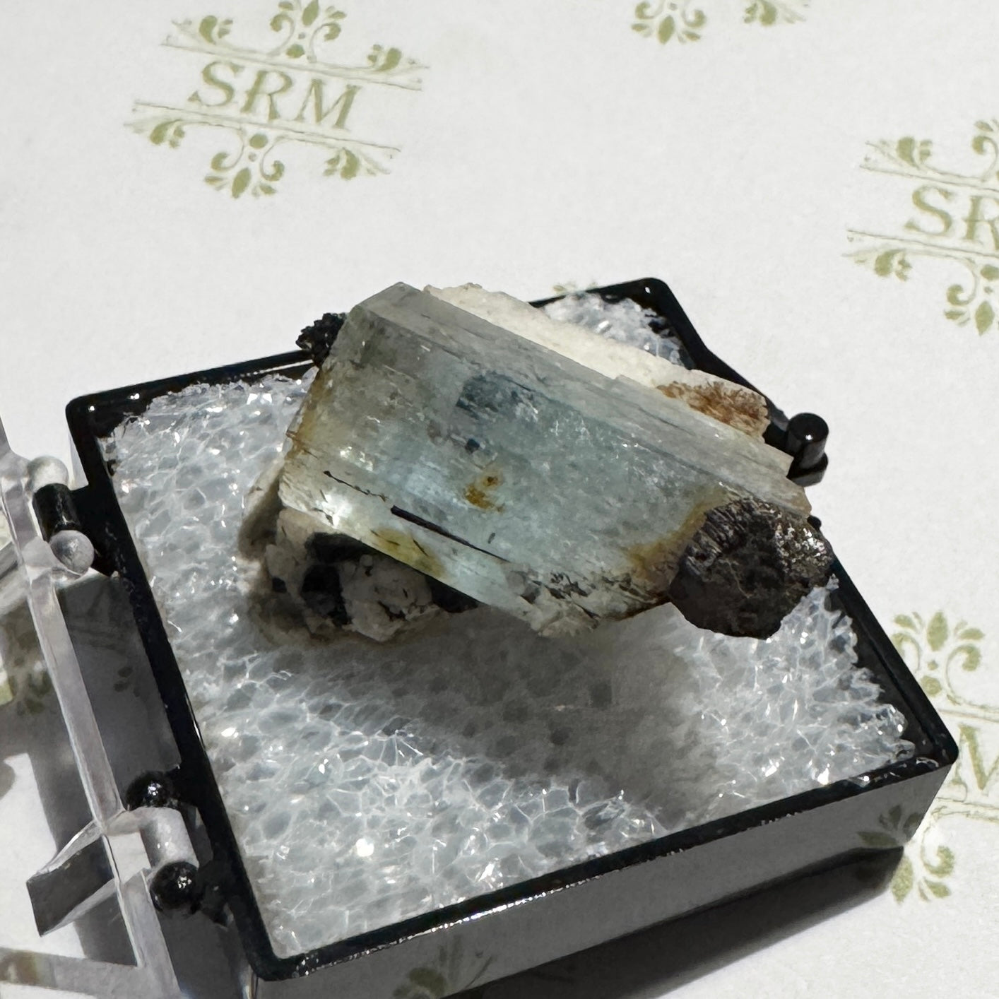 Crystal : Mounted : Natural Aquamarine with Tourmaline inclusions and Feldspar, 5¾g, Namibia