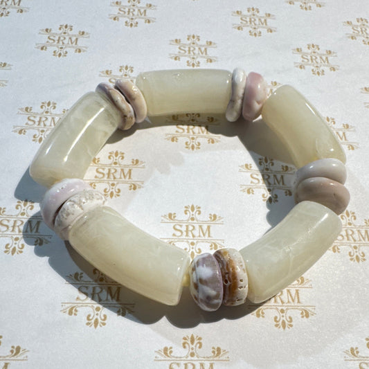 Bracelet : Pearly Acrylic Tubes, Puka Shells, ~6¾"