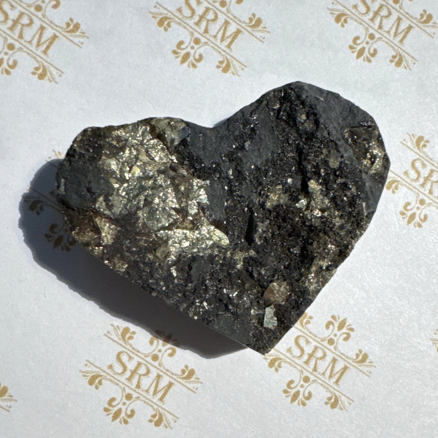 Carved : Pyrite in Basalt Heart, ~2"x1½"x½"