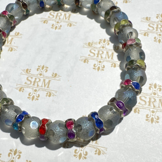 Bracelet : 8mm Frosted Glass Beads Pale Blue and Multi-color Rhinestones, 7"