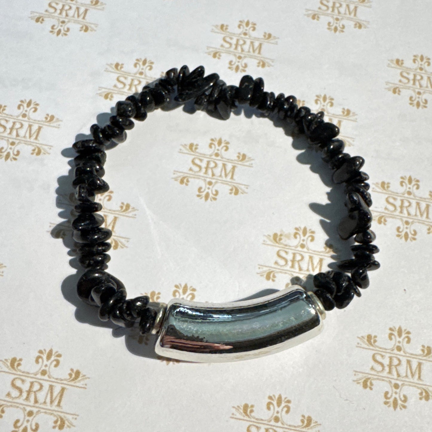 Bracelet : Chip: Black Tourmaline with Acrylic Focal in Silver, Black or Gold, 7"+