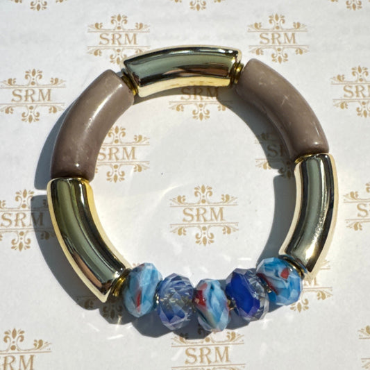 Bracelet : Blue Faceted Acrylic Beads, Brown and Gold Tubes, Hematite Beads, size 6¾"