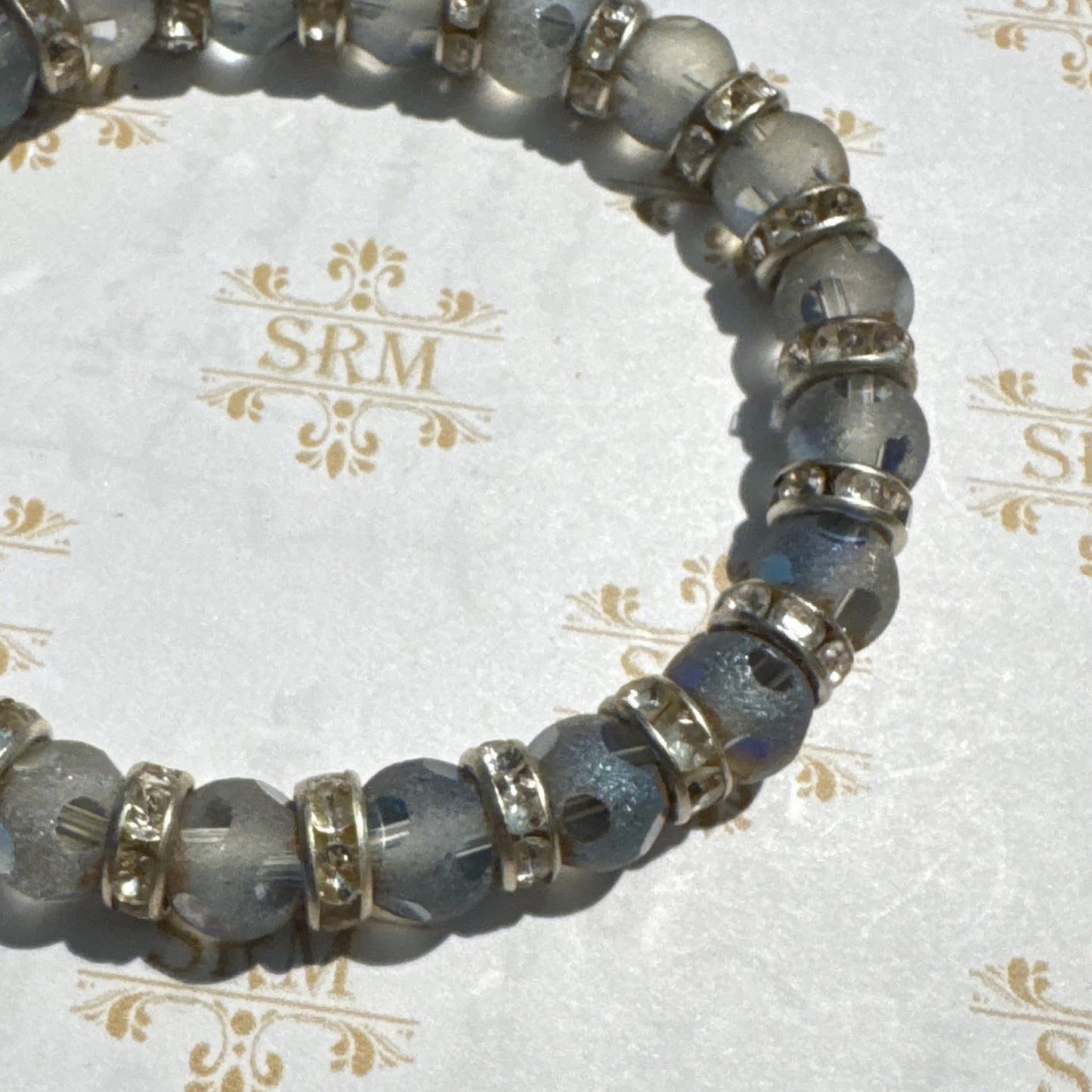 Bracelet : 8mm Frosted Glass Beads Pale Blue and Clear Rhinestones, 6¼", 6¾"