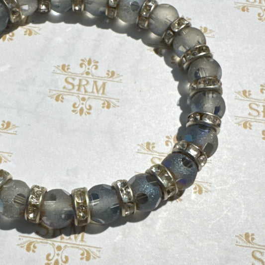 Bracelet : 8mm Frosted Glass Beads Pale Blue and Clear Rhinestones, 6¼", 6¾"