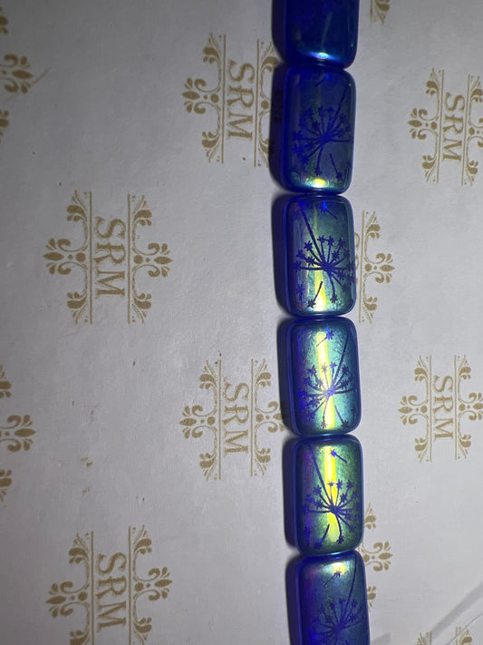 Beads : Czech Glass : Laser Tattoo Dandelion : Blue Rectangle