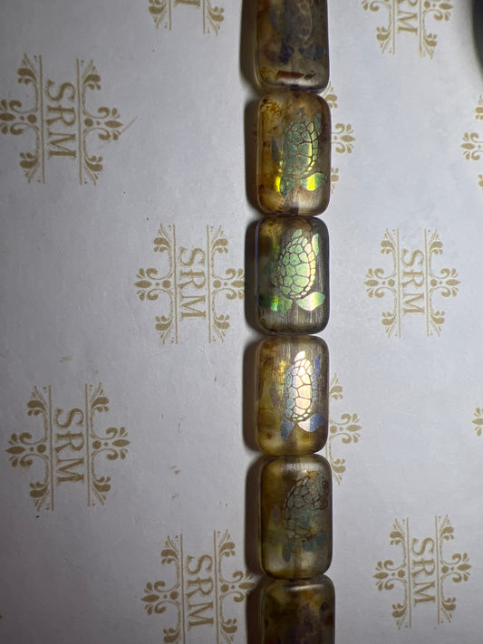 Beads : Czech Glass : Laser Tattoo Turtle : Brown Rectangle