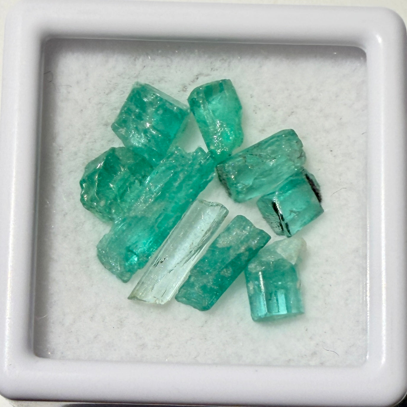 Crystal : Emerald Crystals in Display Box, 9 pieces, Colombia, petite display box