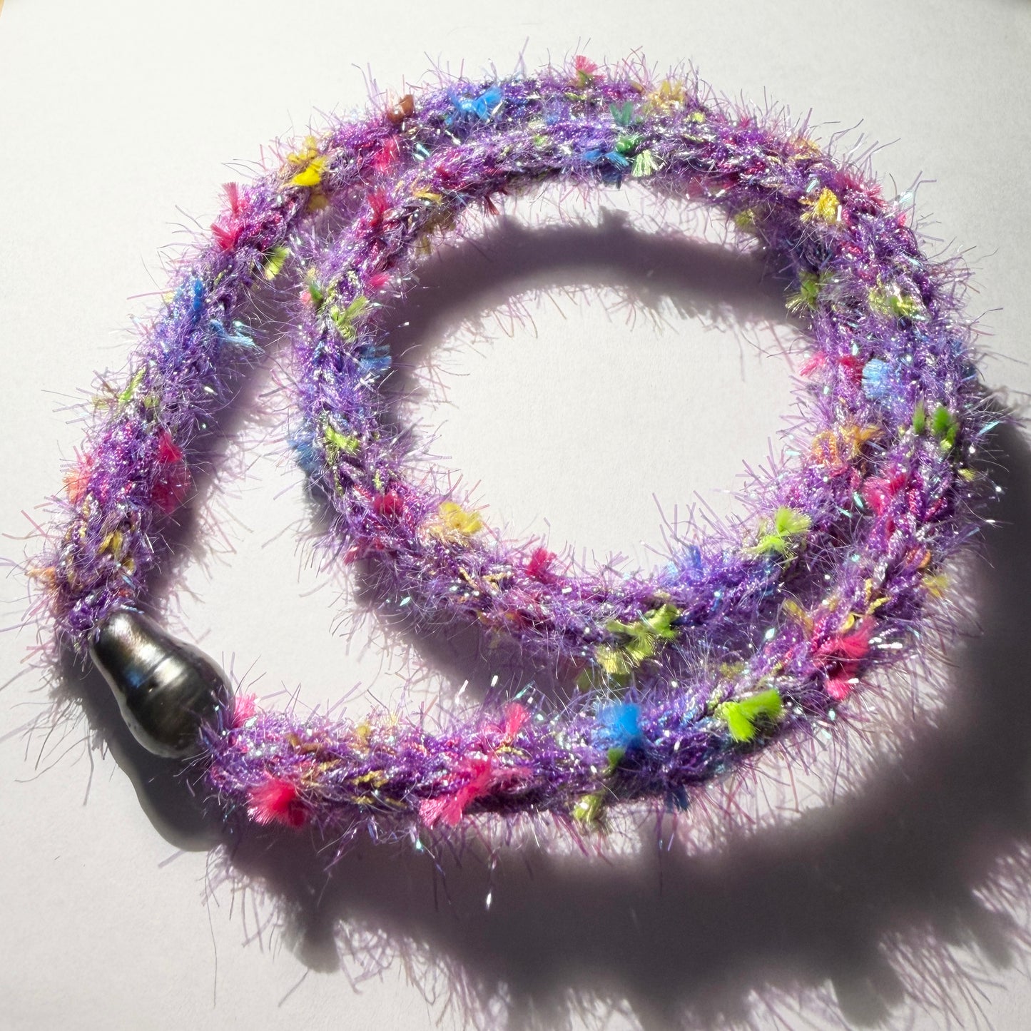 Necklace : 24” Feathery Purple/Lilac Shimmer Strands with 13mm Tahitian Pearl