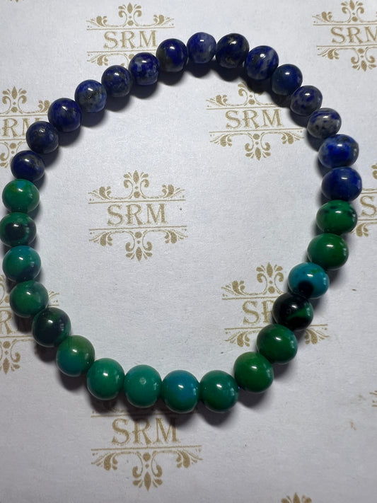Bracelet : 6mm half Chrysocolla + half UV Lapis Lazuli : 6½”, 6¾“.  Choice!