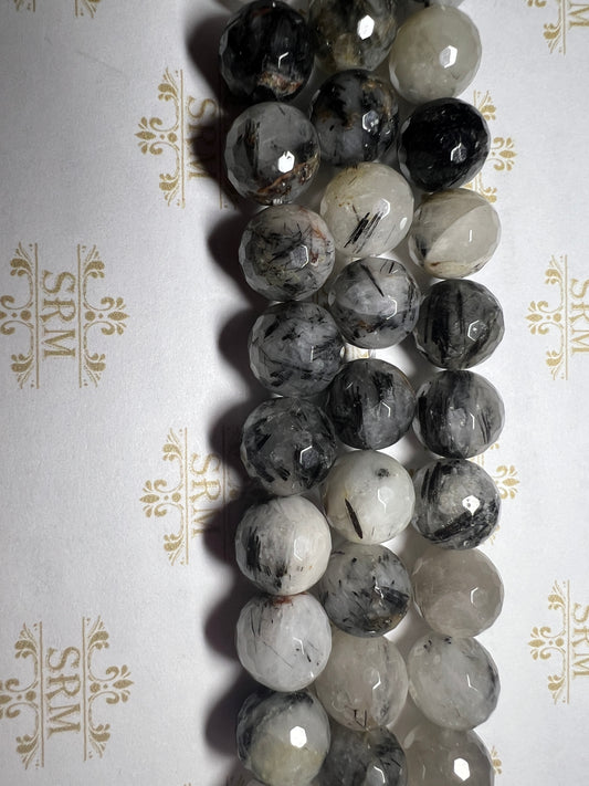 Beads : Black Tourmaline in Quartz : Faceted : 12mm