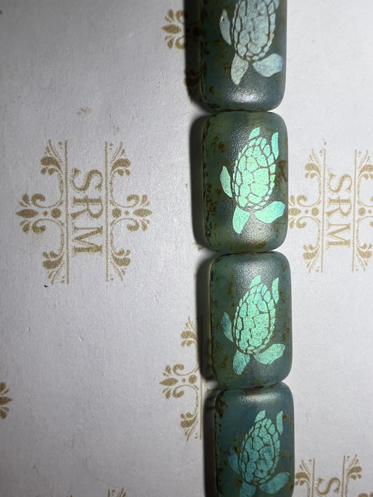 Beads : Czech Glass : Laser Tattoo Turtle : Blue Rectangle
