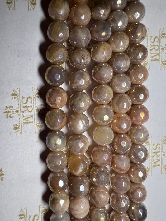 Beads : Peach Moonstone : Faceted : Electroplated : 8mm