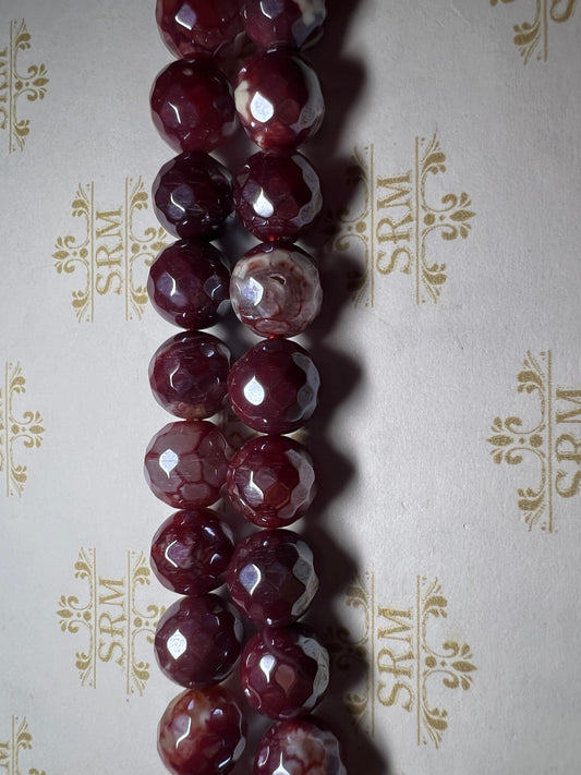Beads : Dark Red/White Agate : Faceted : Electroplated : 10mm