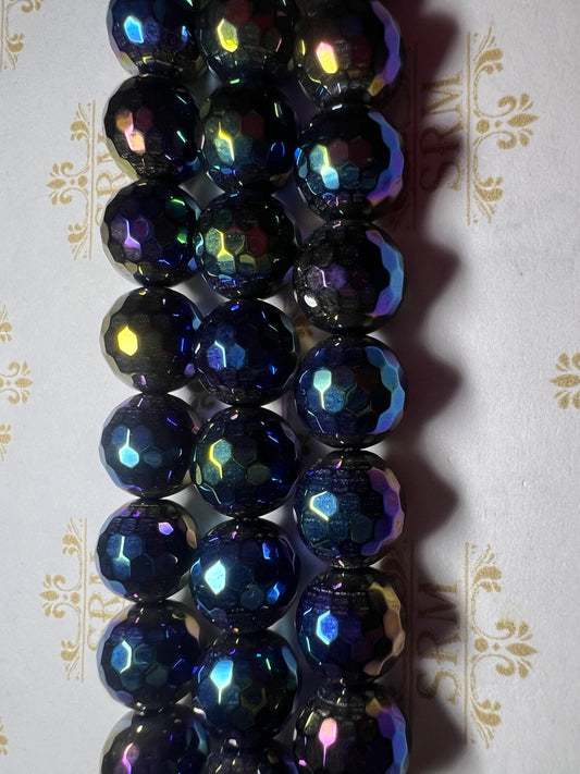 Beads : Black Agate : Faceted : Blue/Purple Electroplated : 10mm, 12mm.  Choice!