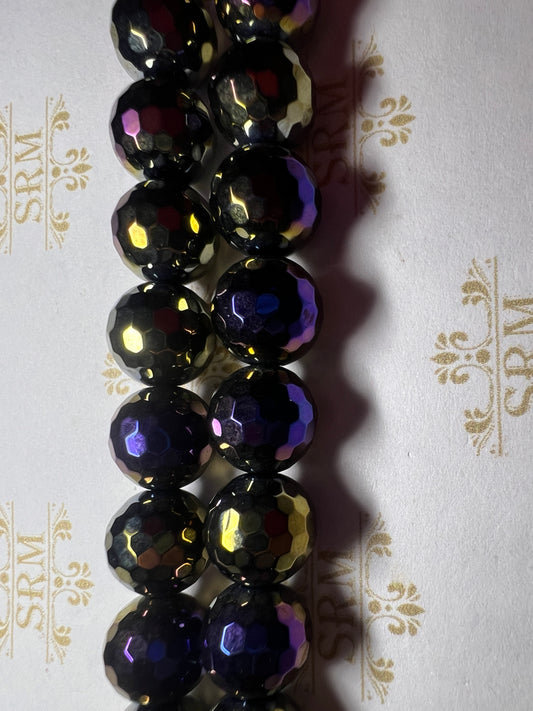 Beads : Black Agate : Faceted : Bronze/Purple Electroplated : 10mm