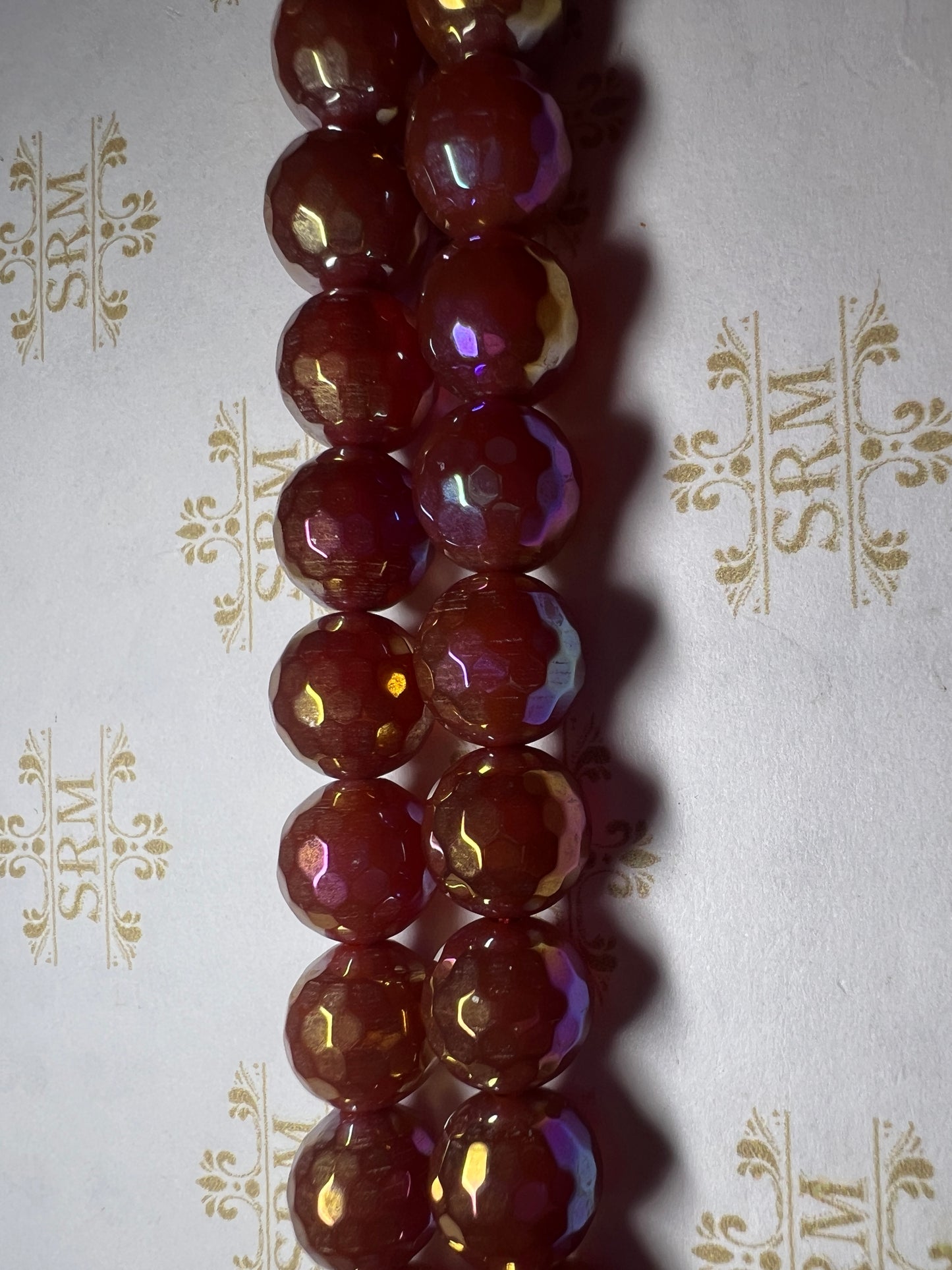 Beads : Medium Red/Gold Agate : Faceted : Electroplated : 10mm