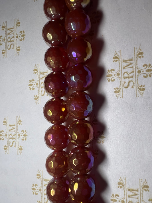 Beads : Medium Red/Gold Agate : Faceted : Electroplated : 10mm